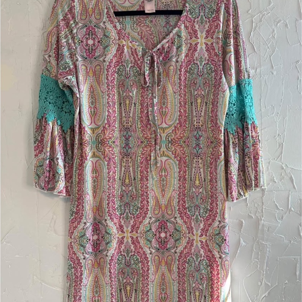 Bohemian Print Women's Top with Lace Sleeves